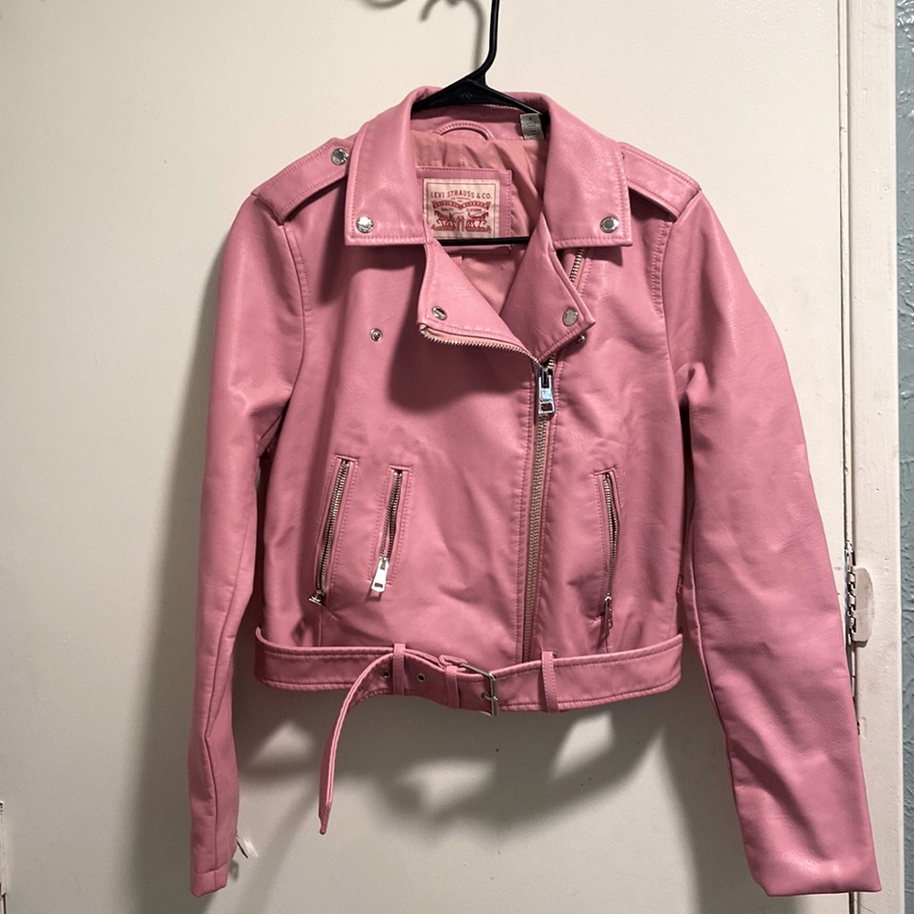 Pink faux leather moto jacket